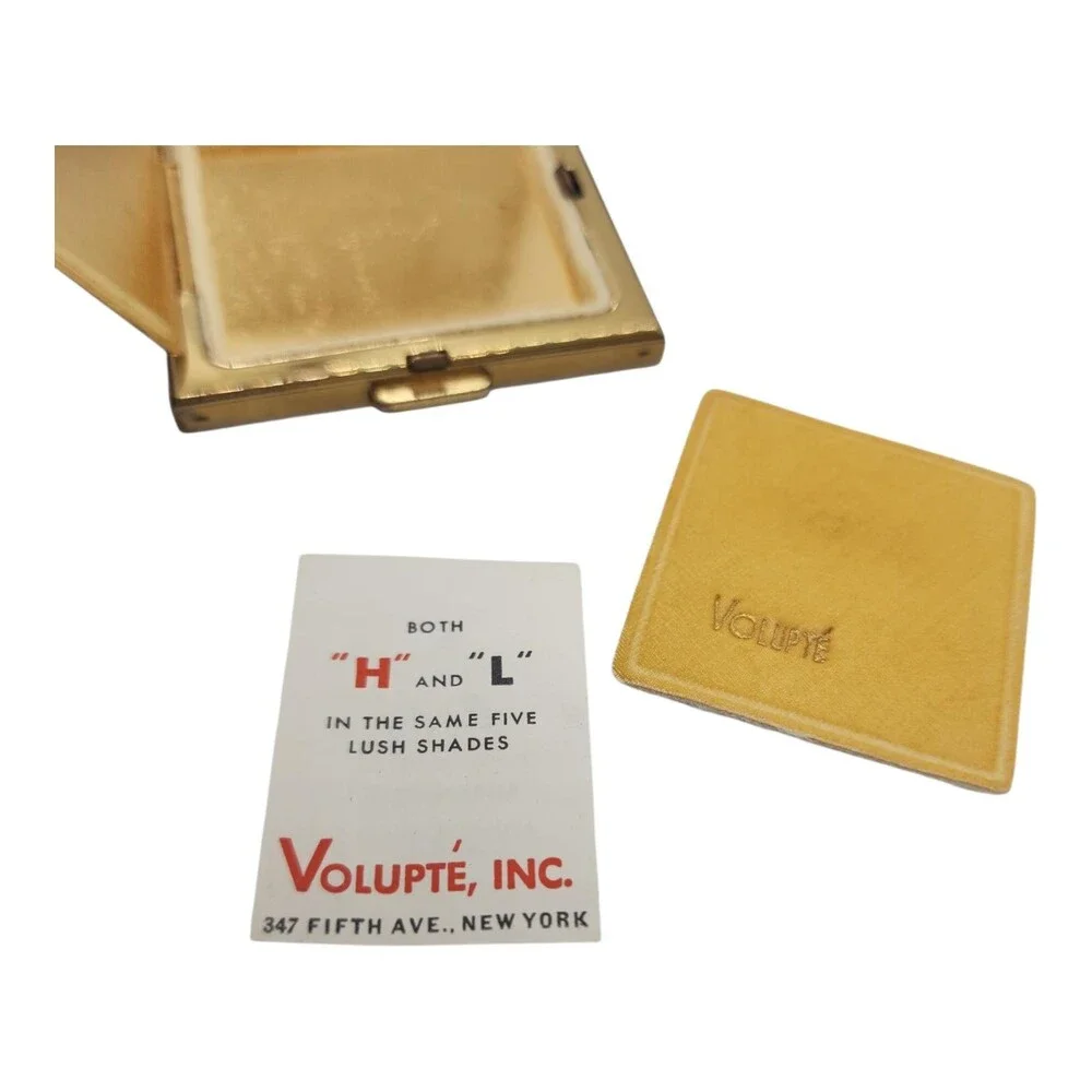 Vintage Volupte Black Gold Scroll Powder Compact Mirror Puff Unused Orig Card